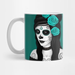 Day of the Dead Girl with Teal Blue Roses Mug